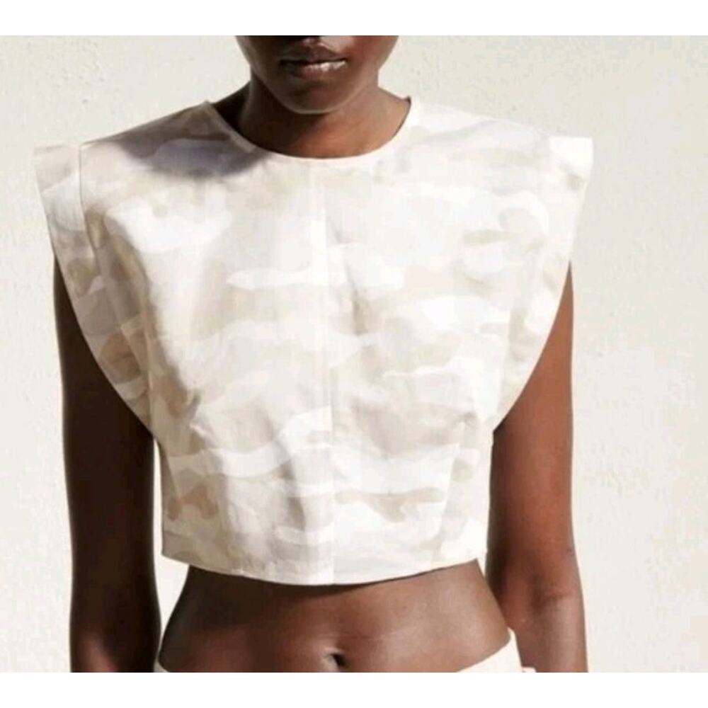 Zara Camo Linen Sleeveless Blouse Patterned Crop Top Tank Tan Women M L